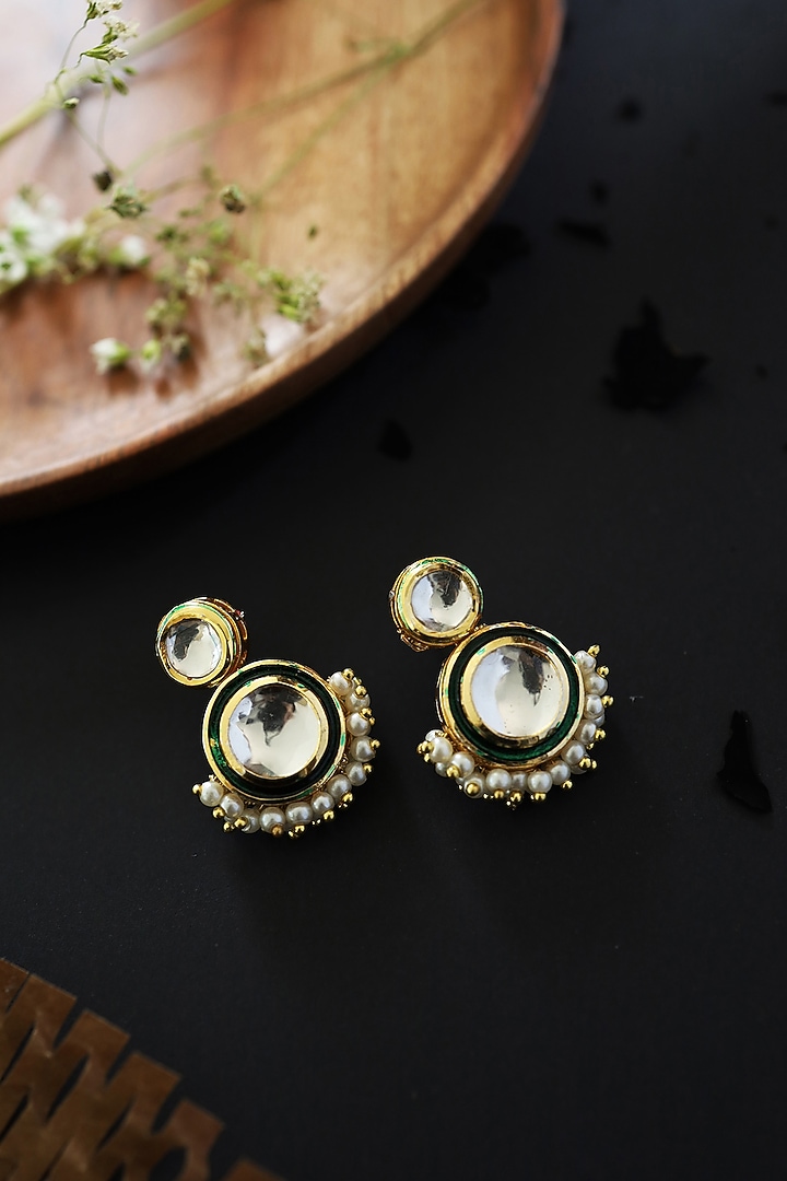 Gold Plated Kundan Polki & Pearl Dangler Earrings by Do Taara at Pernia's Pop Up Shop