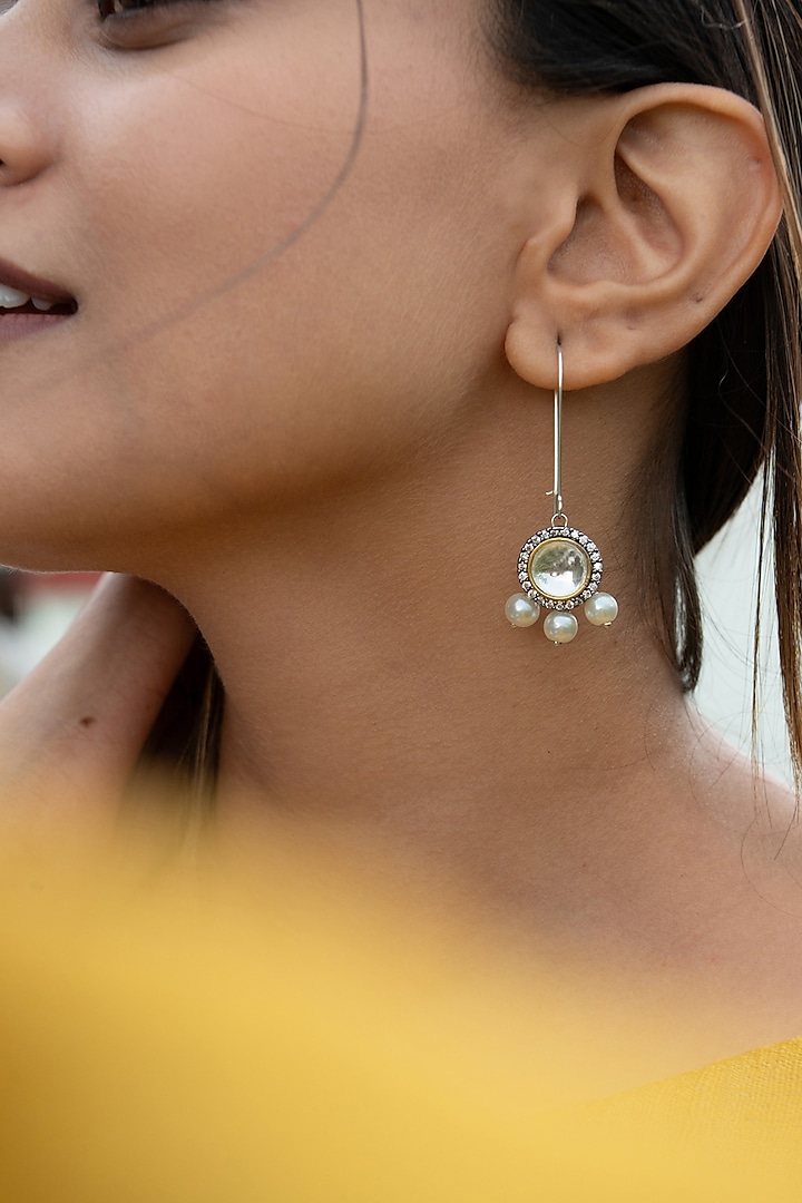 Silver Rhodium Plated Cubic Zirconia & Pearl Dangler Earrings by Do Taara at Pernia's Pop Up Shop