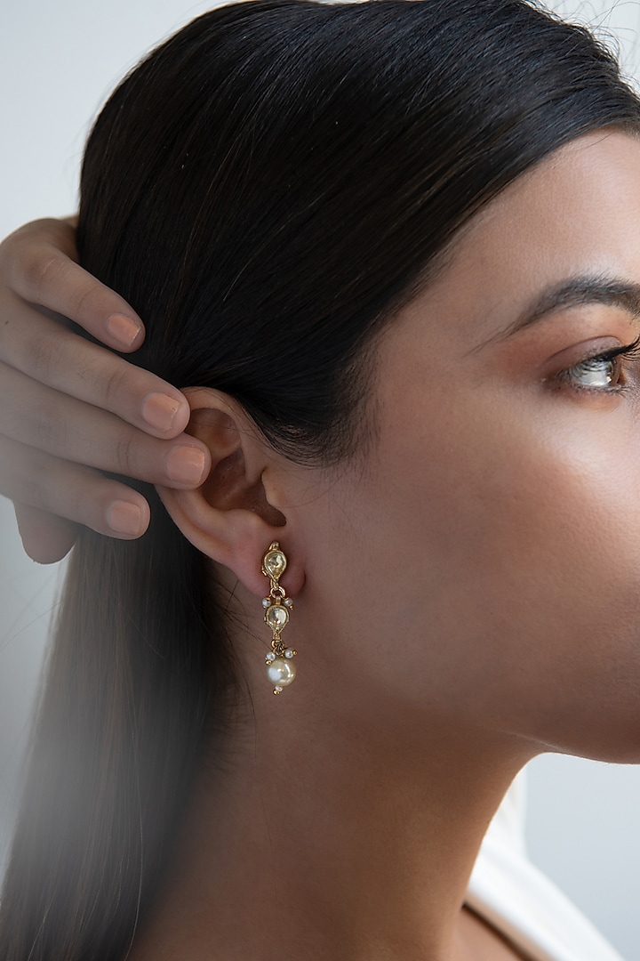 Gold Plated Kundan Polki & Pearl Dangler Earrings by Do Taara at Pernia's Pop Up Shop