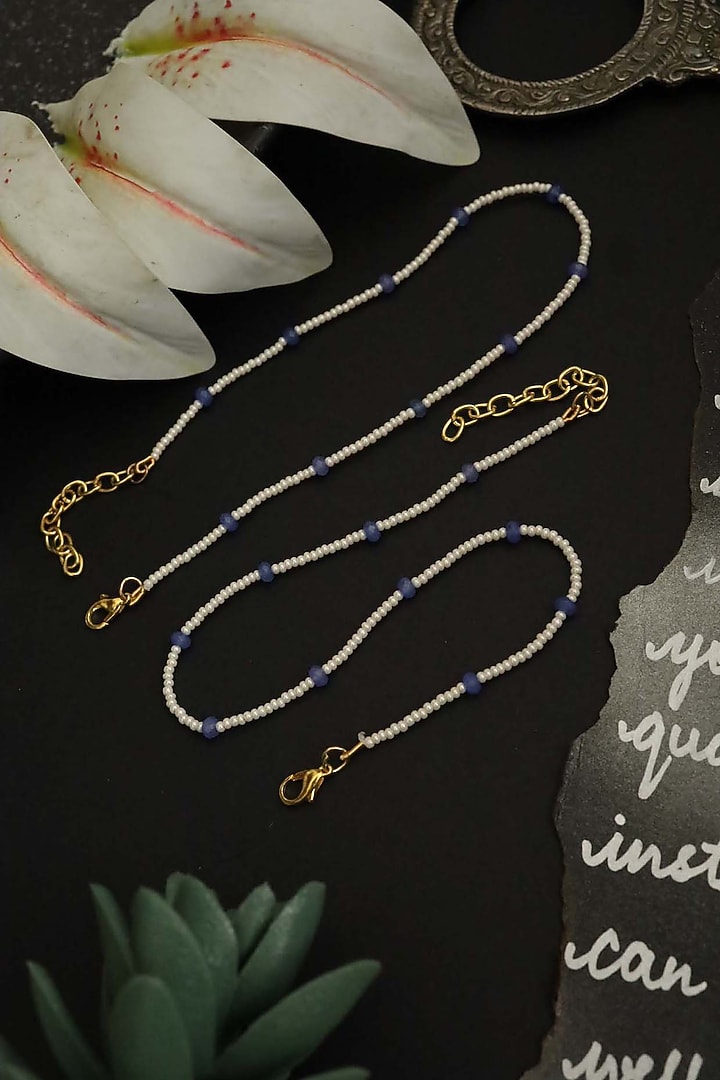 Gold Plated Pearl & Onyx Anklets (Pair of 2) by Do Taara at Pernia's Pop Up Shop