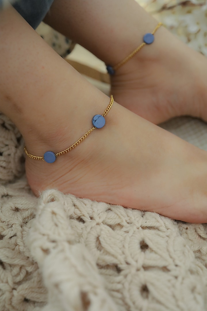 Gold Plated Blue Natural Stone Anklets (Pair of 2) by Do Taara at Pernia's Pop Up Shop