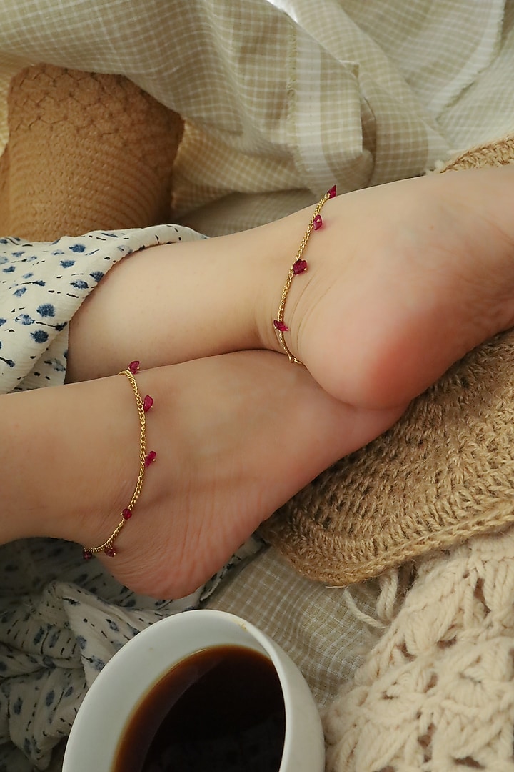 Gold Plated Red Natural Stone Anklets (Pair of 2) by Do Taara at Pernia's Pop Up Shop