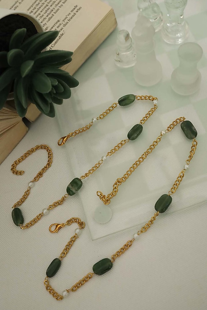 Gold Plated Green Natural Stone & Pearl Anklets (Set Of 2) by Do Taara at Pernia's Pop Up Shop