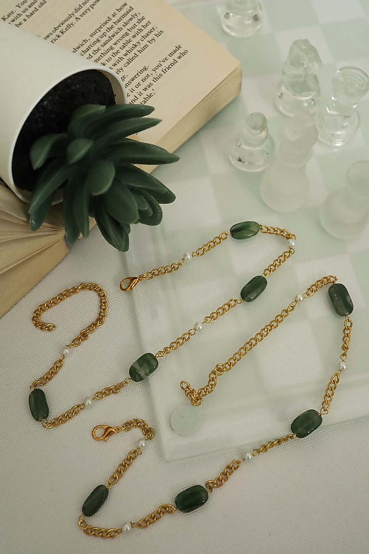Gold Plated Green Natural Stone & Pearl Anklets (Set Of 2) by Do Taara at Pernia's Pop Up Shop