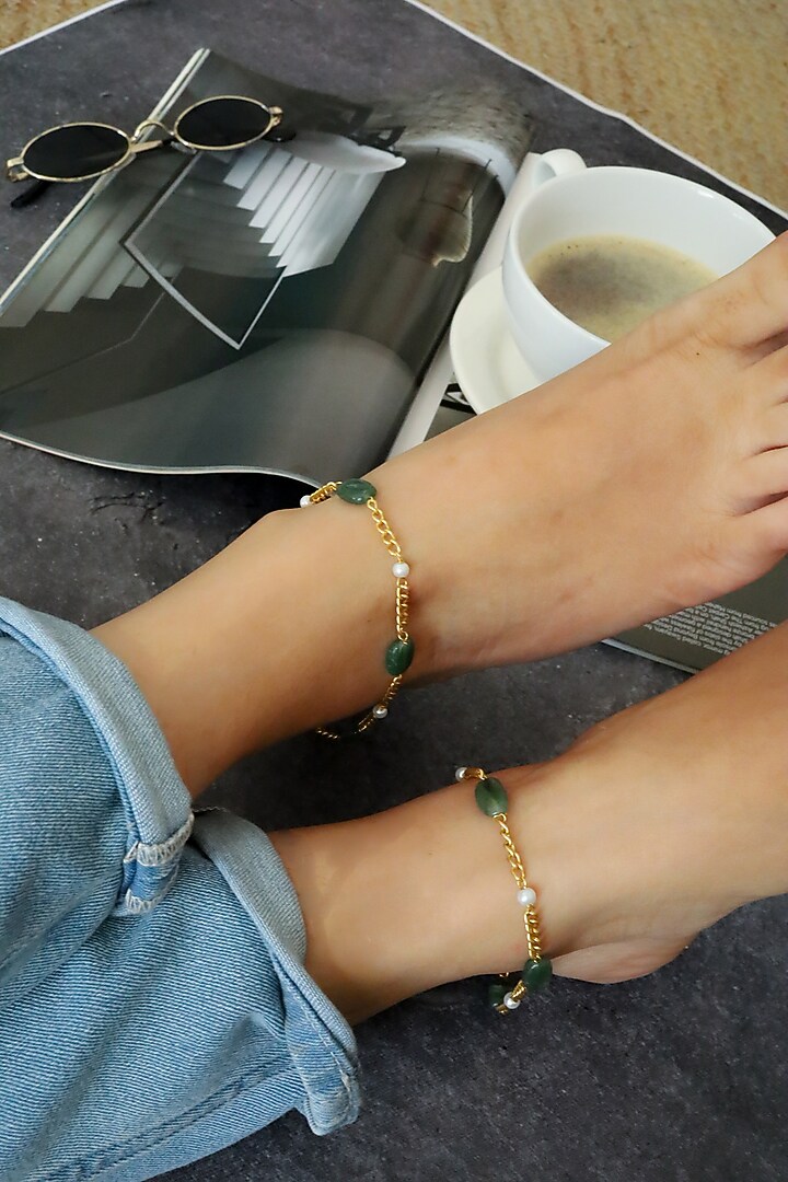 Gold Plated Green Natural Stone & Pearl Anklets (Set Of 2) by Do Taara at Pernia's Pop Up Shop