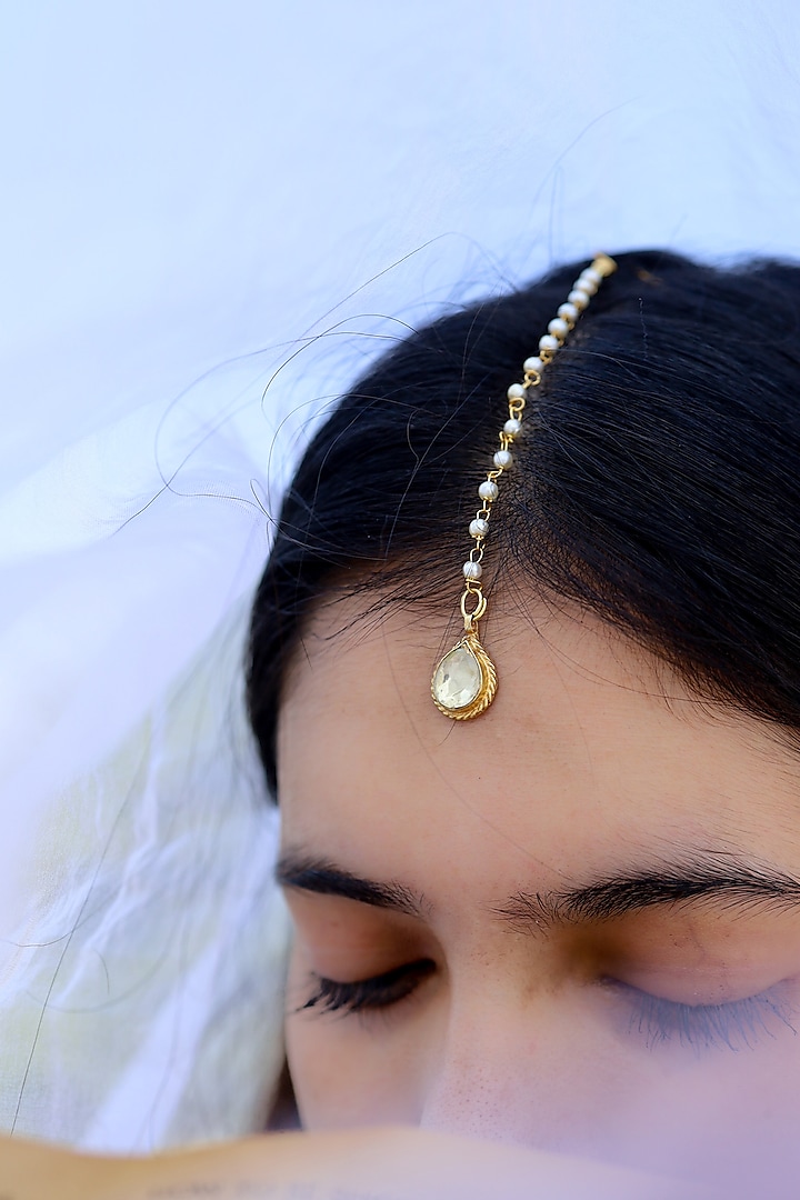 Gold Plated Kundan Polki & Pearl Maangtikka by Do Taara at Pernia's Pop Up Shop