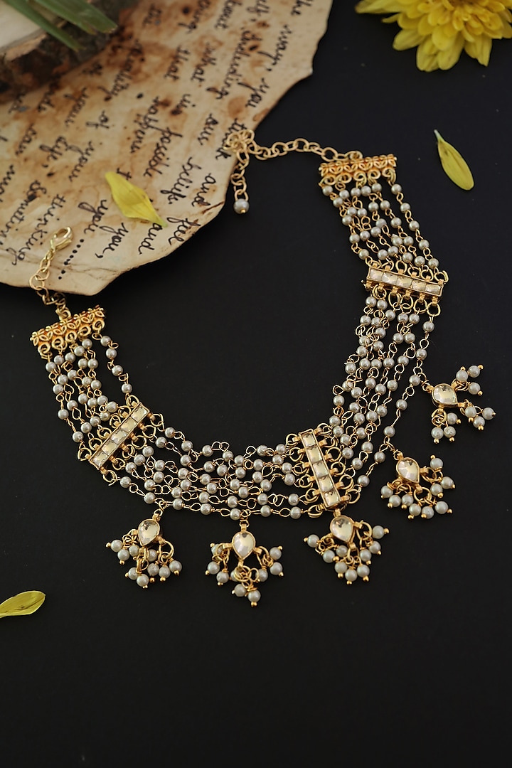 Gold Plated Kundan Polki & Pearl Choker Necklace by Do Taara at Pernia's Pop Up Shop