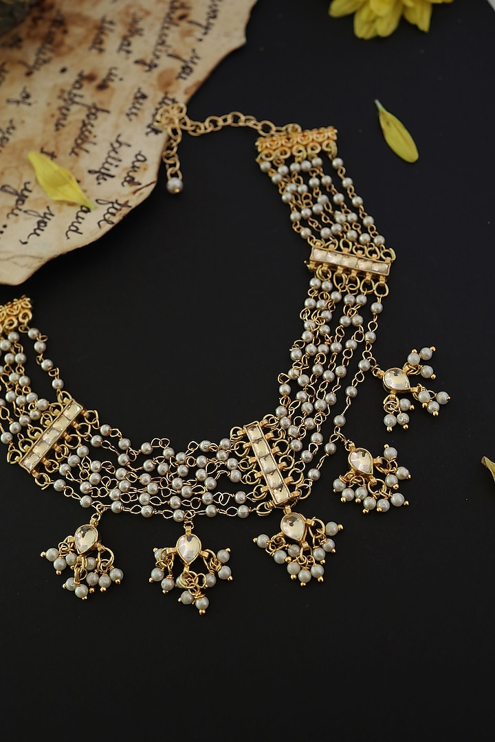 Gold Plated Kundan Polki & Pearl Choker Necklace by Do Taara at Pernia's Pop Up Shop