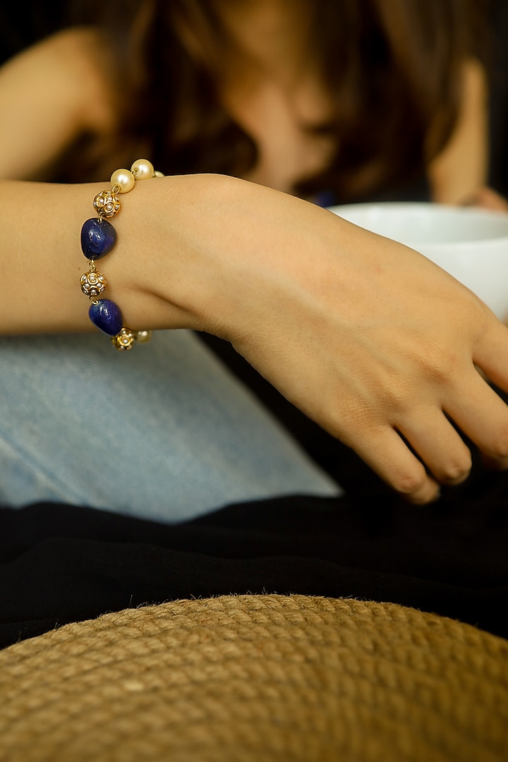 Rhodium Finish Blue Natural Stone & Pearl Beaded Bracelet by Do Taara at Pernia's Pop Up Shop