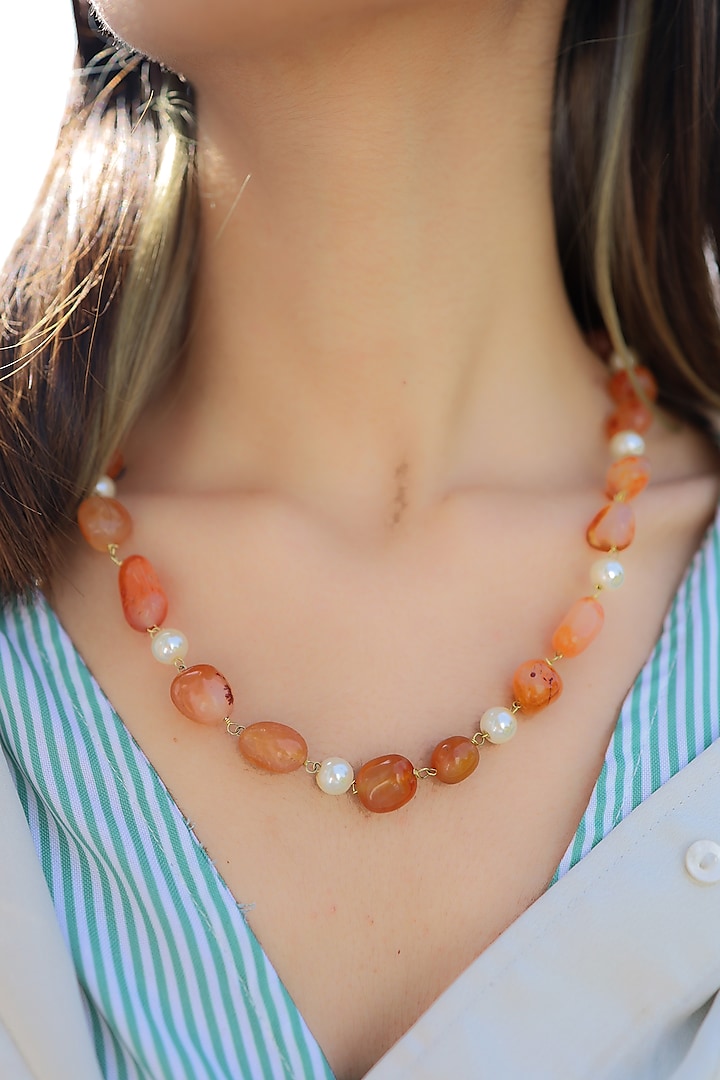 Gold Plated Orange Natural Stone & Pearl Necklace by Do Taara at Pernia's Pop Up Shop