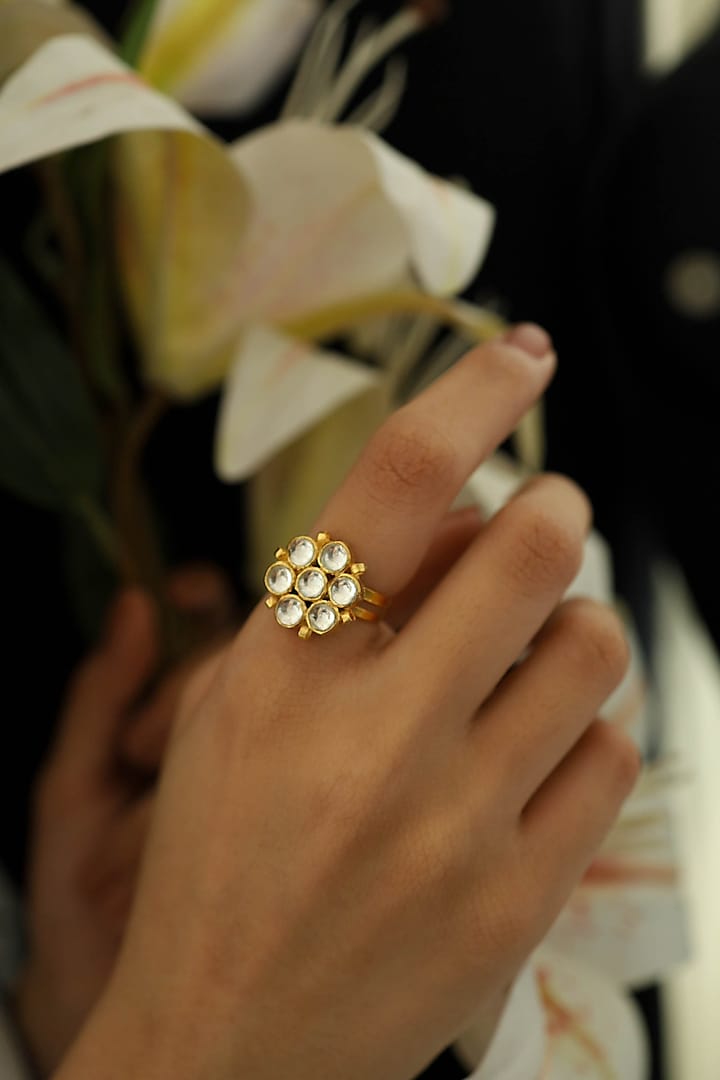 Gold Plated Kundan Polki Floral Ring by Do Taara at Pernia's Pop Up Shop