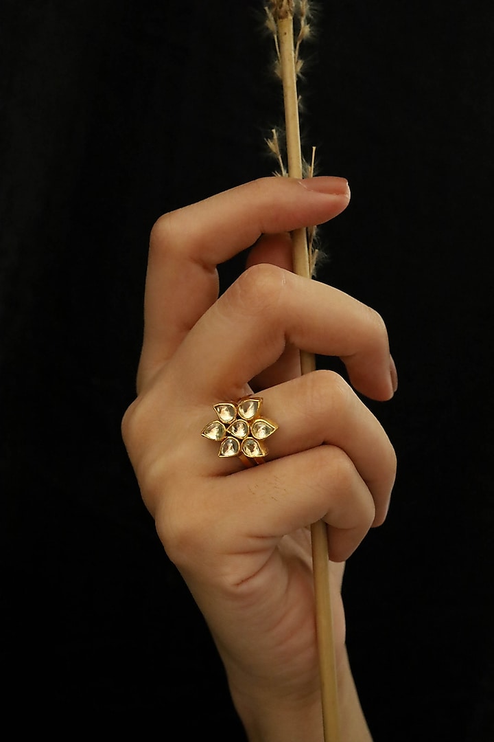 Gold Plated Kundan Polki Floral Ring by Do Taara at Pernia's Pop Up Shop