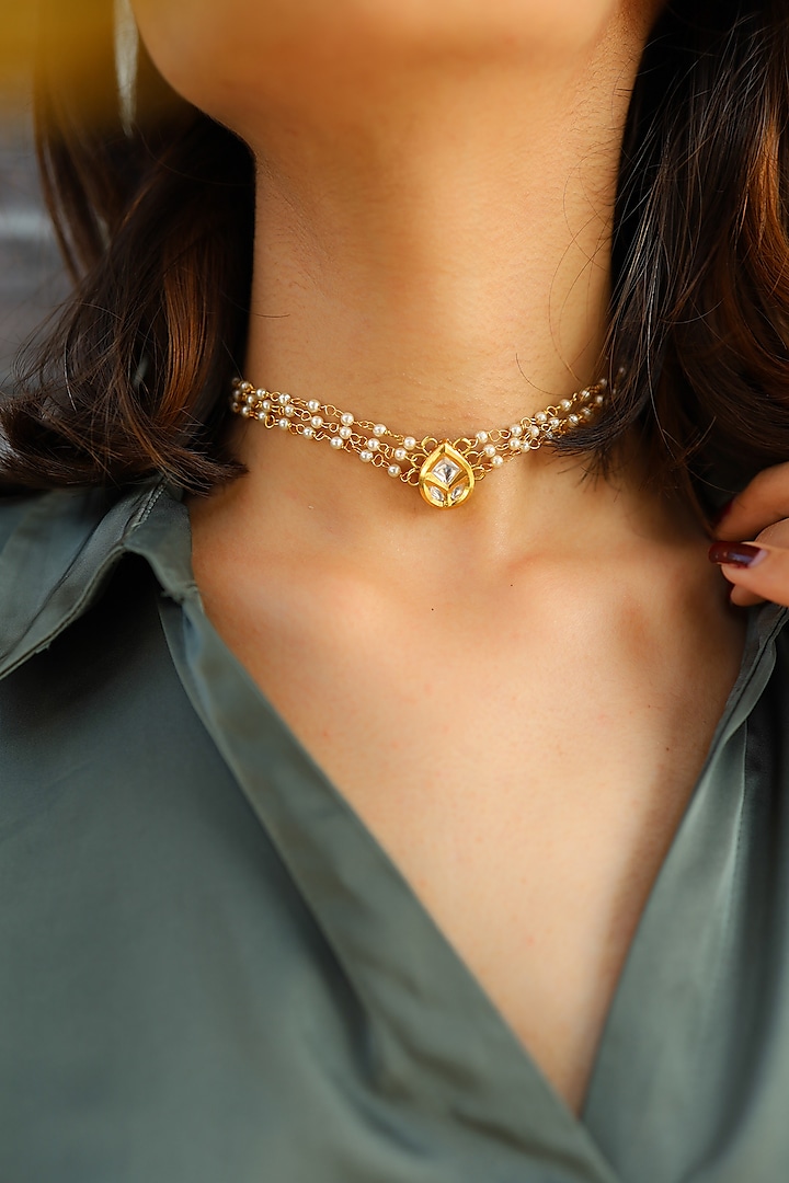 Rhodium Finish Kundan Polki & Pearl Choker Necklace by Do Taara at Pernia's Pop Up Shop