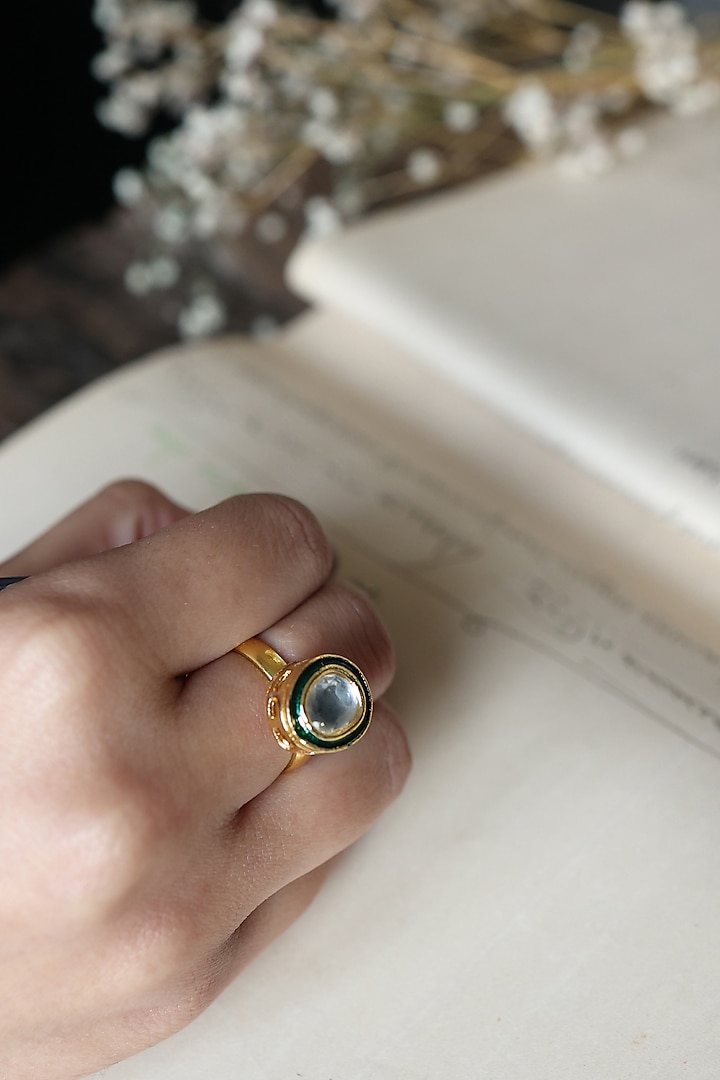 Gold Plated Kundan Polki Green Meenakari Ring by Do Taara at Pernia's Pop Up Shop