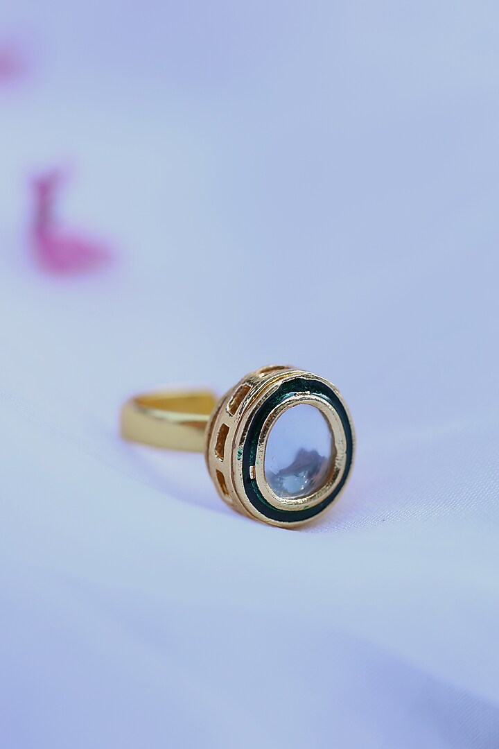 Gold Plated Kundan Polki Green Meenakari Ring by Do Taara at Pernia's Pop Up Shop