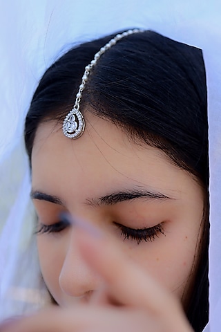 Rhodium Finish Zircon Maangtikka by Do Taara