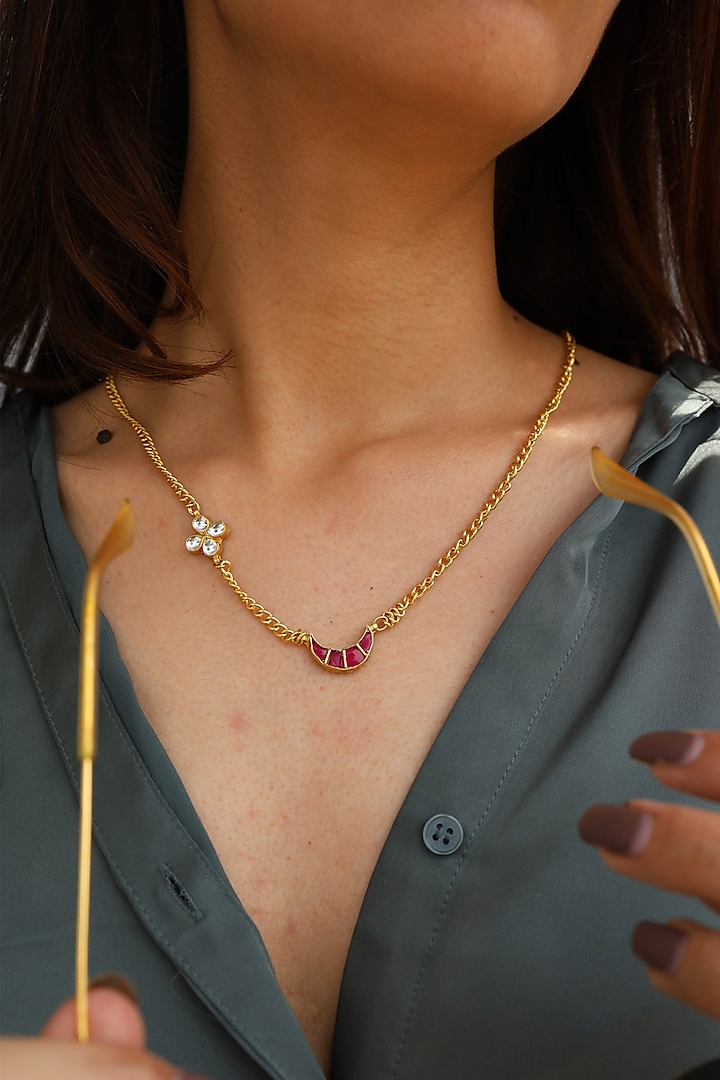 Gold Plated Kundan Polki & Red Stone Necklace by Do Taara at Pernia's Pop Up Shop