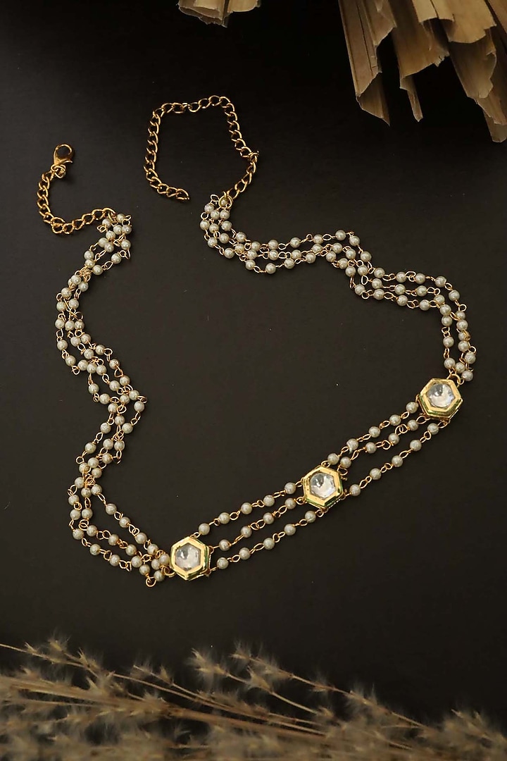 Gold Plated Kundan Polki & Shell Pearl Headband by Do Taara at Pernia's Pop Up Shop