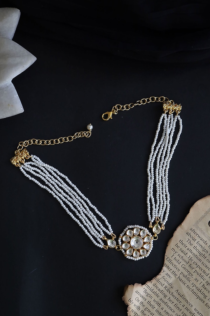 Gold Plated Kundan Polki & Pearl Choker Necklace by Do Taara at Pernia's Pop Up Shop