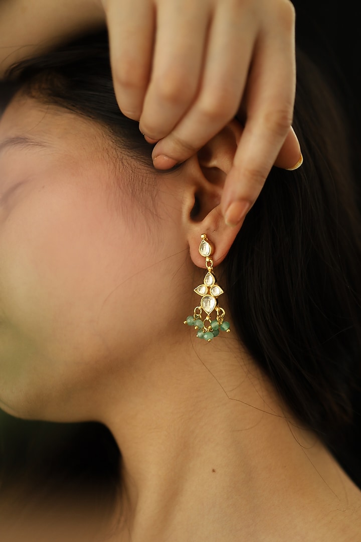 Gold Plated Kundan Polki & Green Onyx Dangler Earrings by Do Taara at Pernia's Pop Up Shop