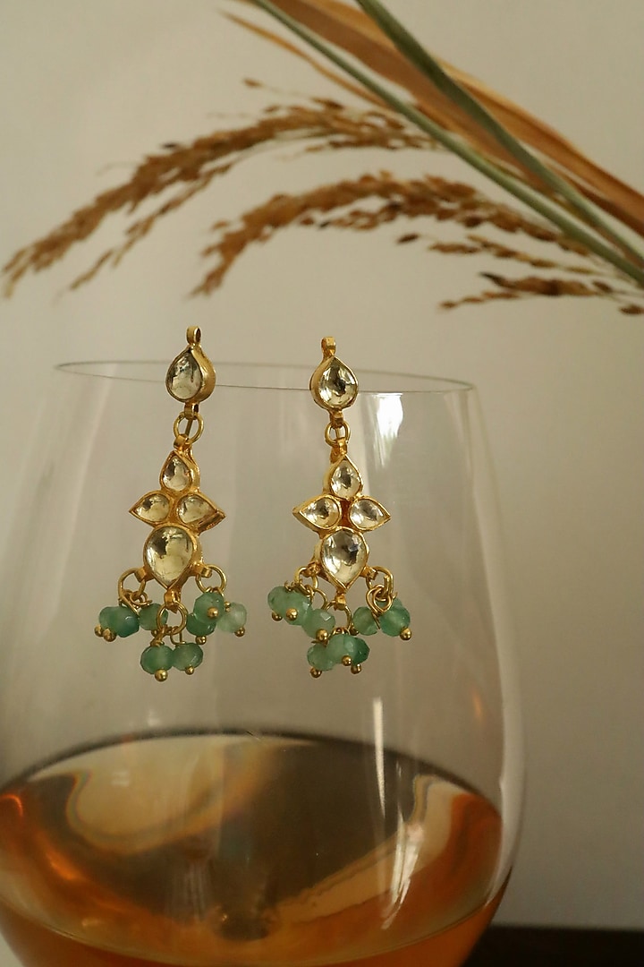 Gold Plated Kundan Polki & Green Onyx Dangler Earrings by Do Taara at Pernia's Pop Up Shop