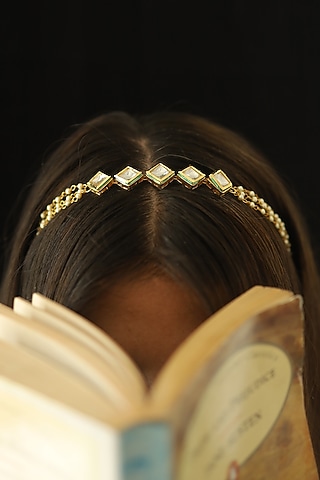 Gold Plated Kundan Polki & Pearl Headband by Do Taara