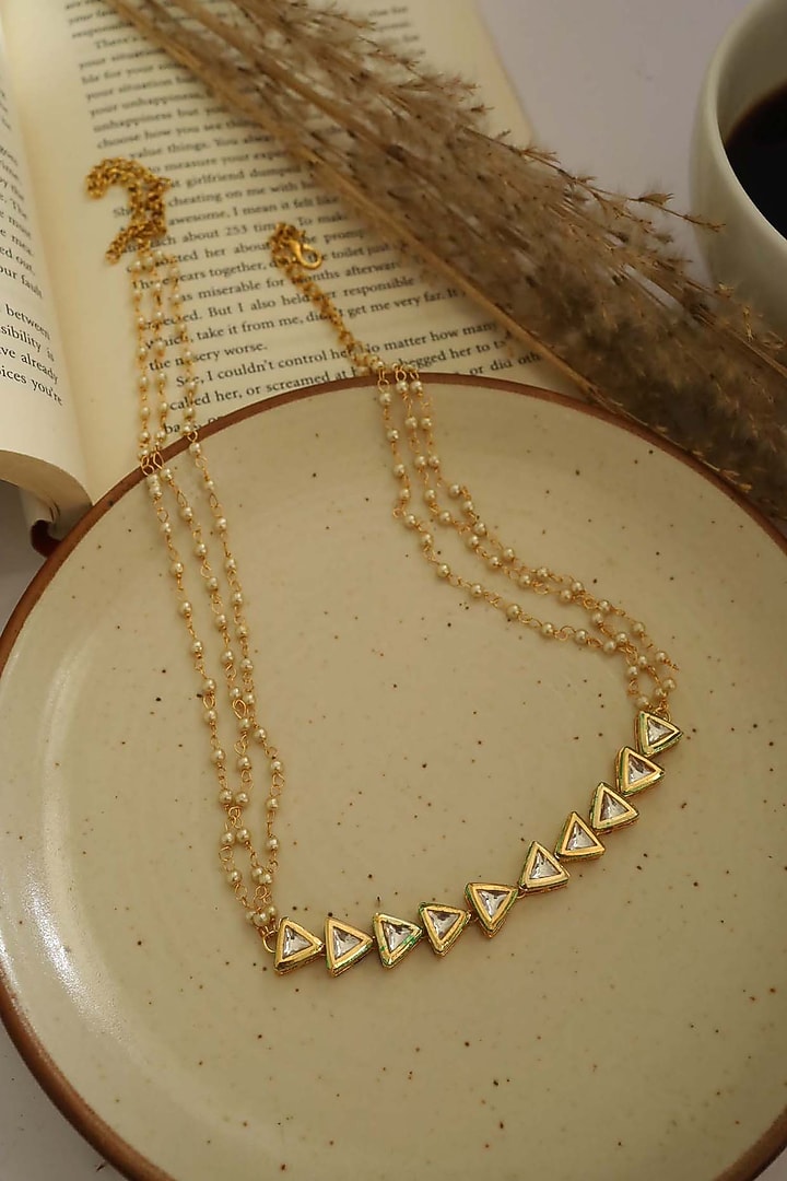 Gold Plated Kundan Polki & Pearl Headband by Do Taara at Pernia's Pop Up Shop