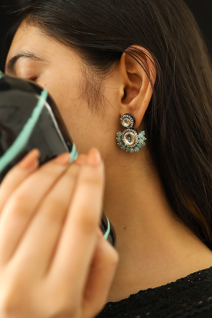Rhodium Finish Kundan Polki & Turquoise Stone Dangler Earrings by Do Taara