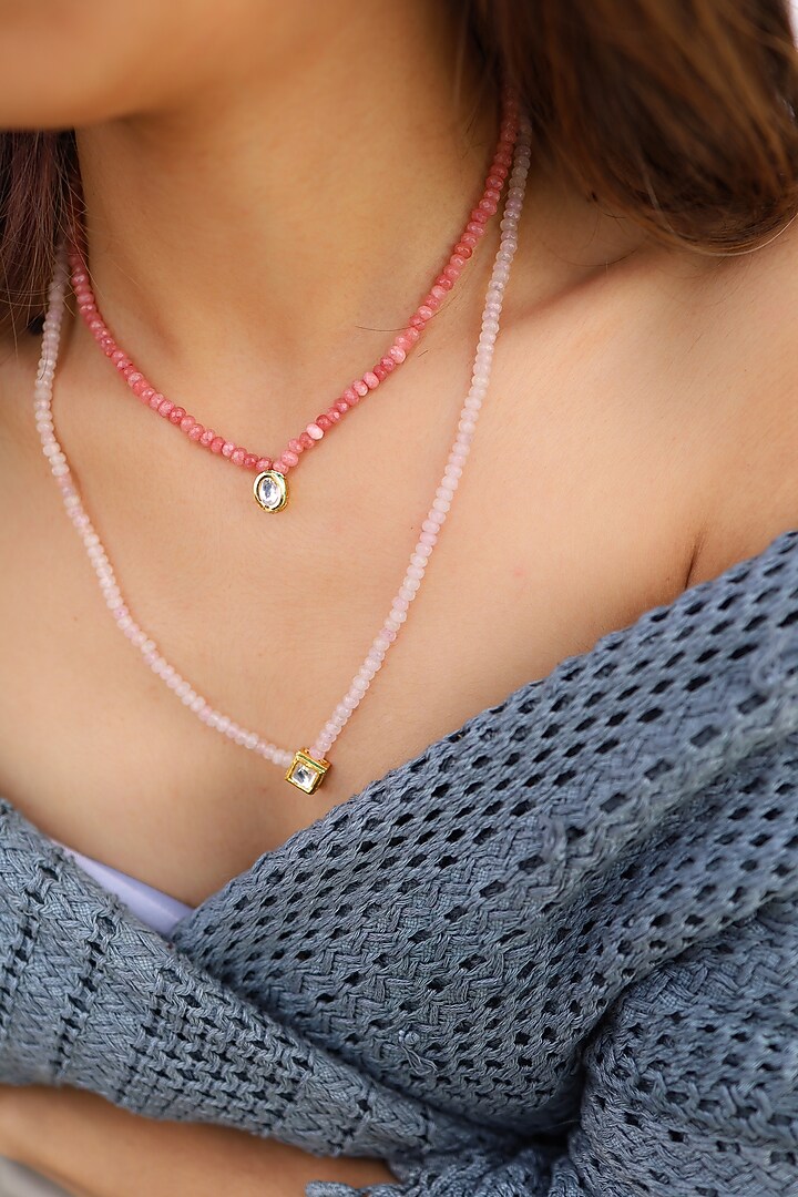 Gold Plated Kundan Polki & Pink Onyx Stone Layered Necklace by Do Taara at Pernia's Pop Up Shop
