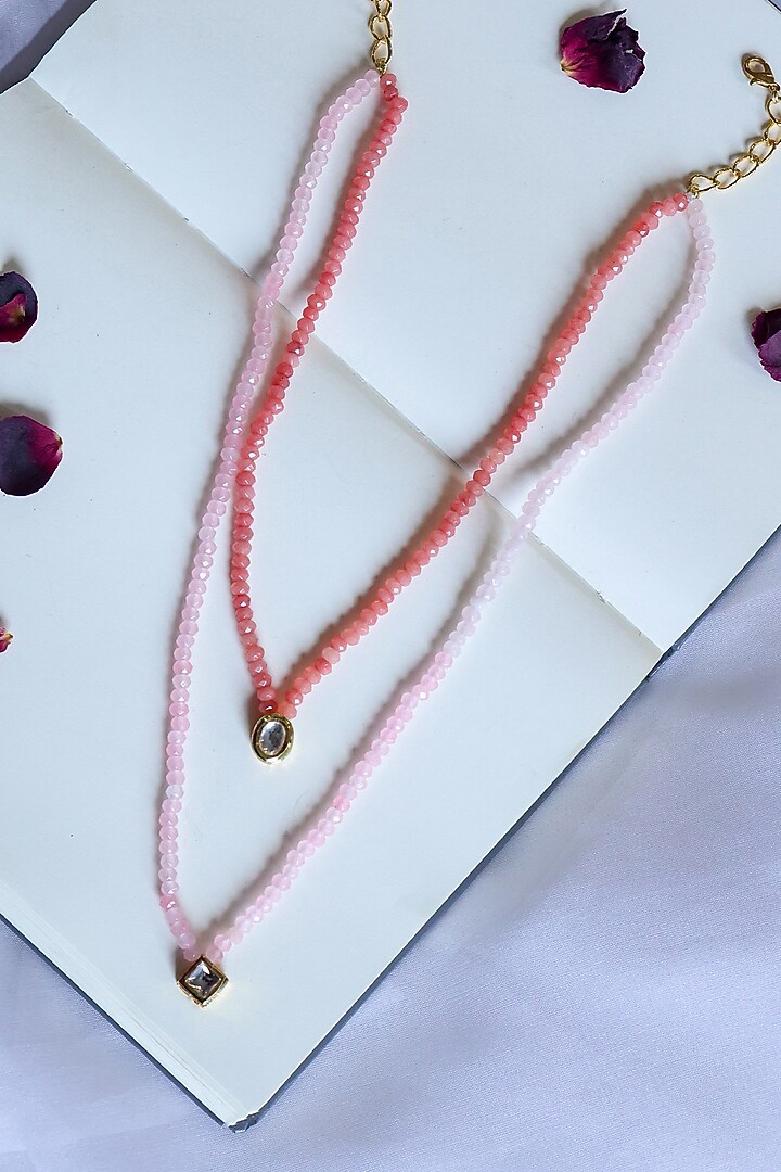 Gold Plated Kundan Polki & Pink Onyx Stone Layered Necklace by Do Taara at Pernia's Pop Up Shop