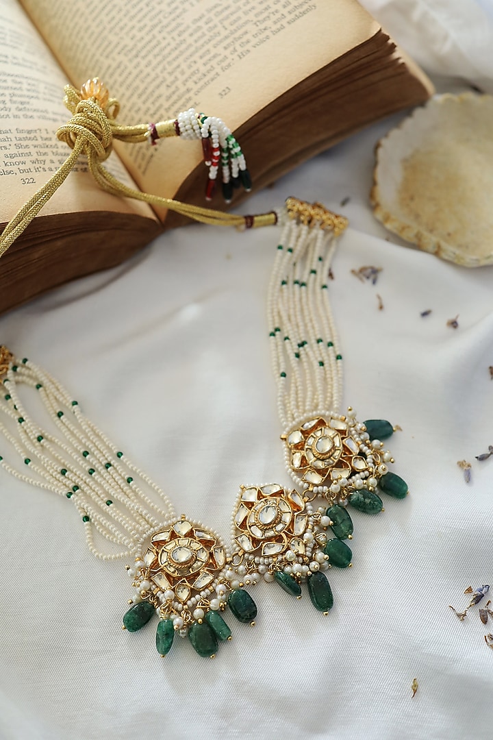 Gold Plated Kundan Polki & Green Natural Stone Choker Necklace by Do Taara at Pernia's Pop Up Shop