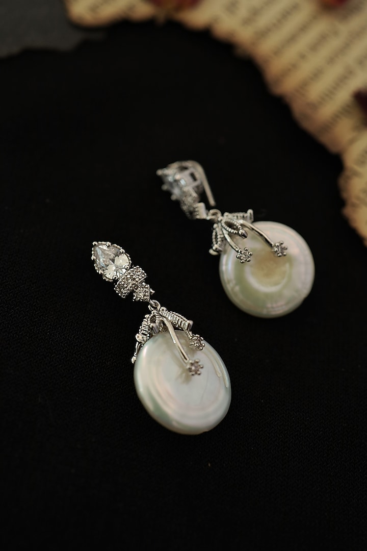 Rhodium Finish Cubic Zirconia & Pearl Earrings by Do Taara at Pernia's Pop Up Shop