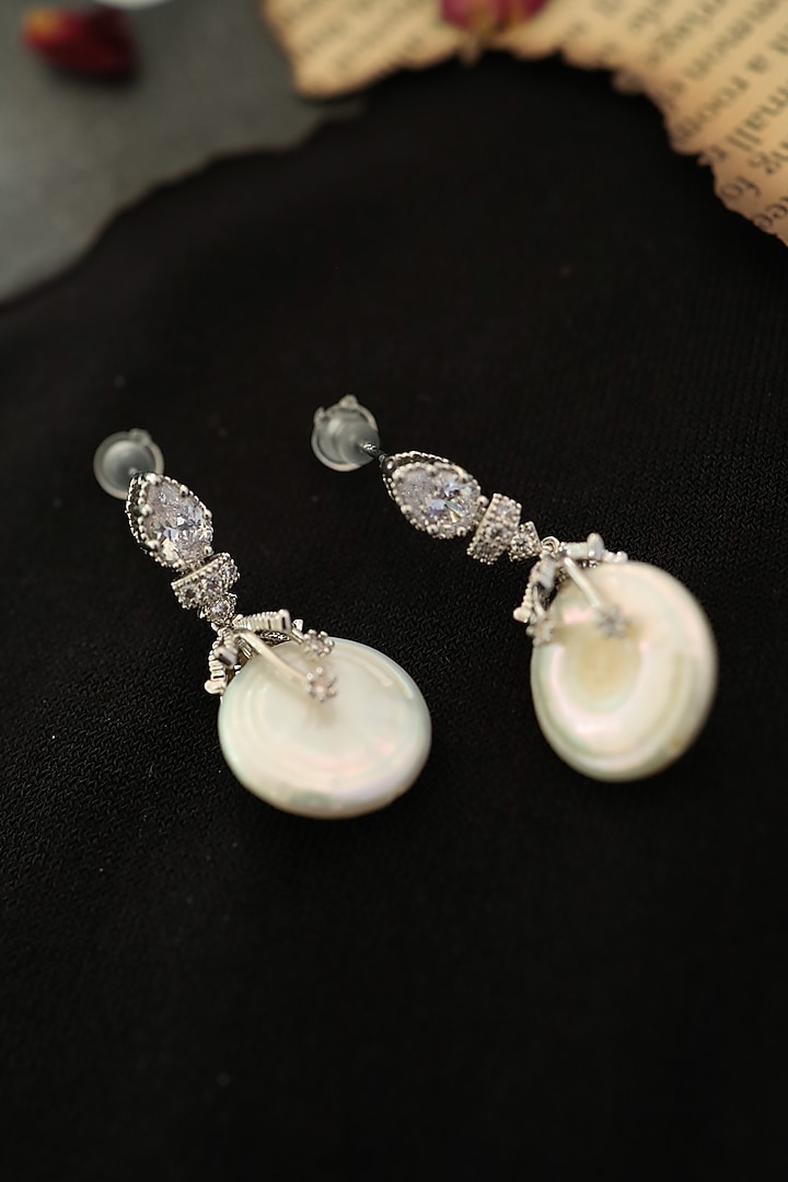 Rhodium Finish Cubic Zirconia & Pearl Earrings by Do Taara at Pernia's Pop Up Shop