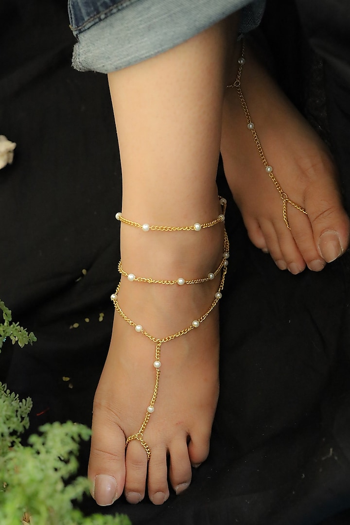 Gold Plated Layered Pearl Anklets (Set Of 2) by Do Taara