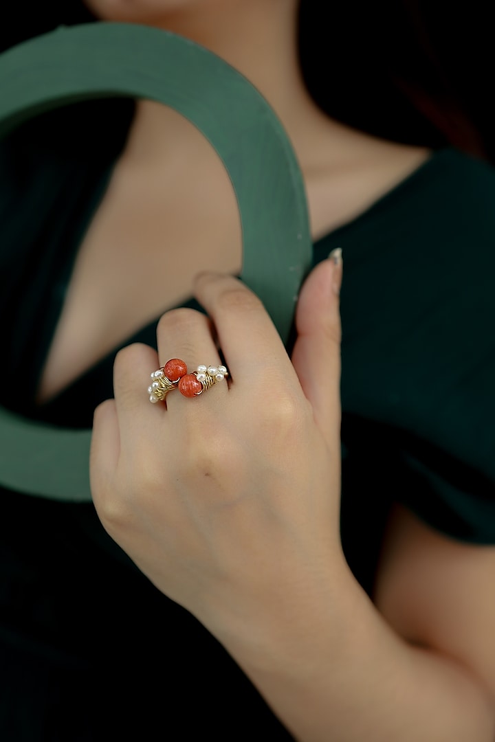 Gold Plated Orange Pearl Ring by Do Taara