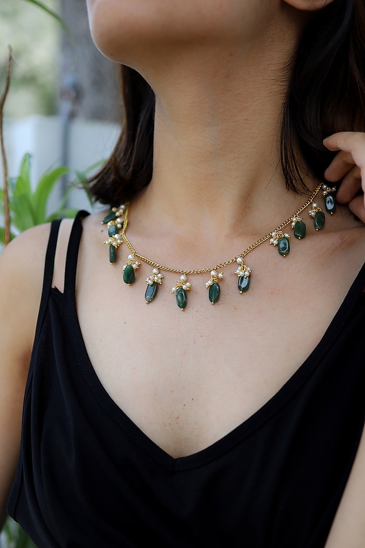Gold Plated Green Stone & Pearl Handcrafted Necklace by Do Taara at Pernia's Pop Up Shop