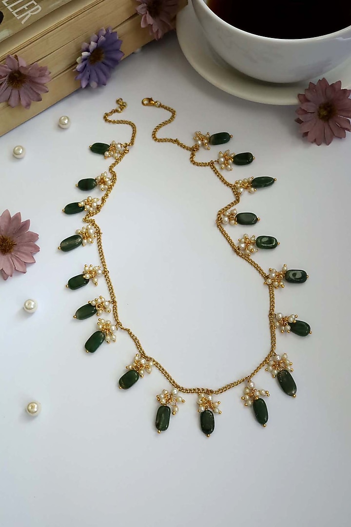 Gold Plated Green Stone & Pearl Handcrafted Necklace by Do Taara at Pernia's Pop Up Shop