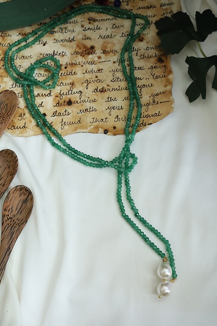 Gold Plated Green Stone & Pearl Drop Necklace by Do Taara at Pernia's Pop Up Shop