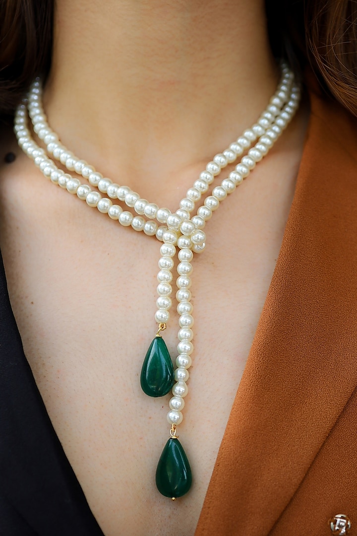 Gold Plated Pearl & Green Drop Stone Necklace by Do Taara