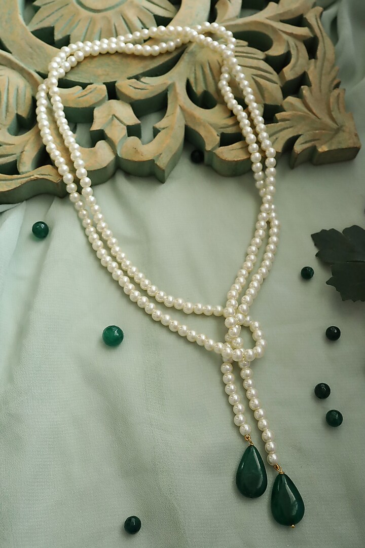 Gold Plated Pearl & Green Drop Stone Necklace by Do Taara at Pernia's Pop Up Shop
