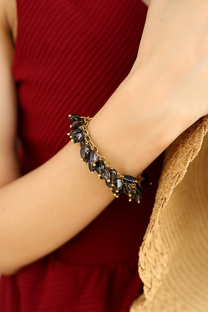 Gold Plated Black Natural Stone Bracelet by Do Taara