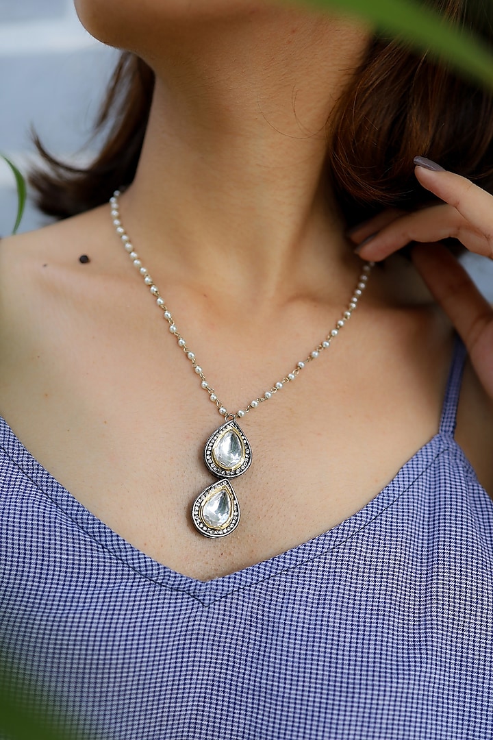 Rhodium Finish Cubic Zirconia & Pearl Pendant Necklace by Do Taara