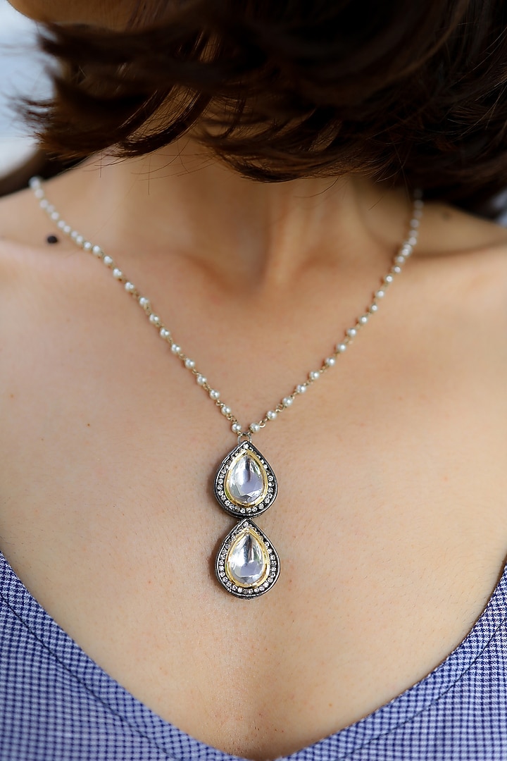 Rhodium Finish Cubic Zirconia & Pearl Pendant Necklace by Do Taara at Pernia's Pop Up Shop