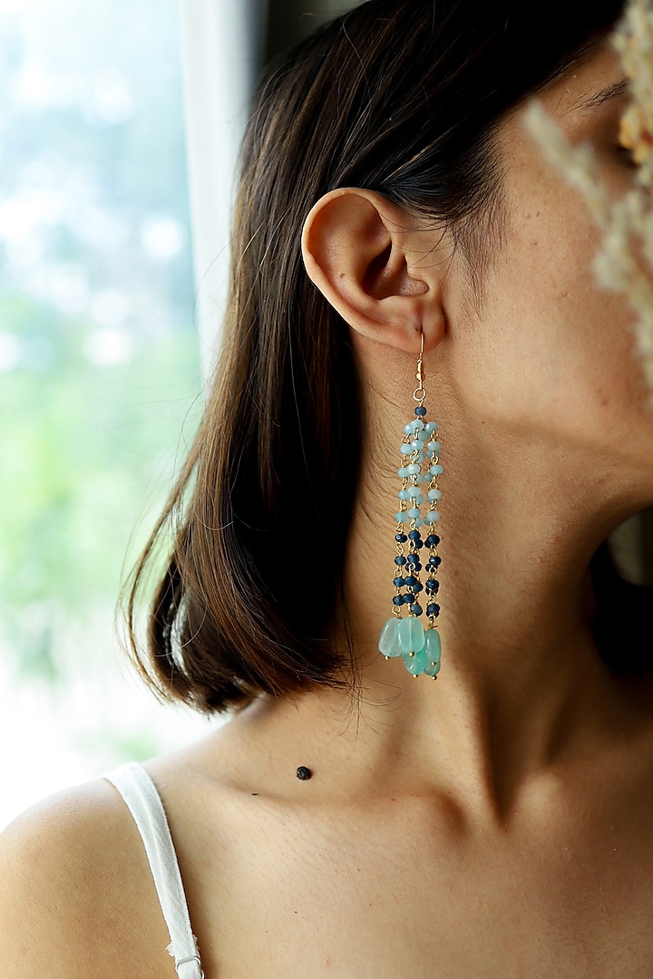 Gold Plated Mint Natural Stone & Onyx Dangler Earrings by Do Taara