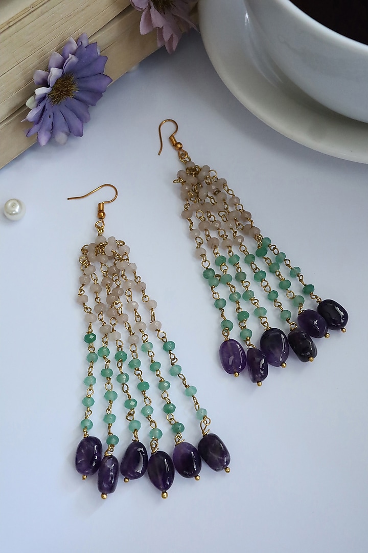 Gold Plated Mint Natural Stone & Onyx Dangler Earrings by Do Taara at Pernia's Pop Up Shop