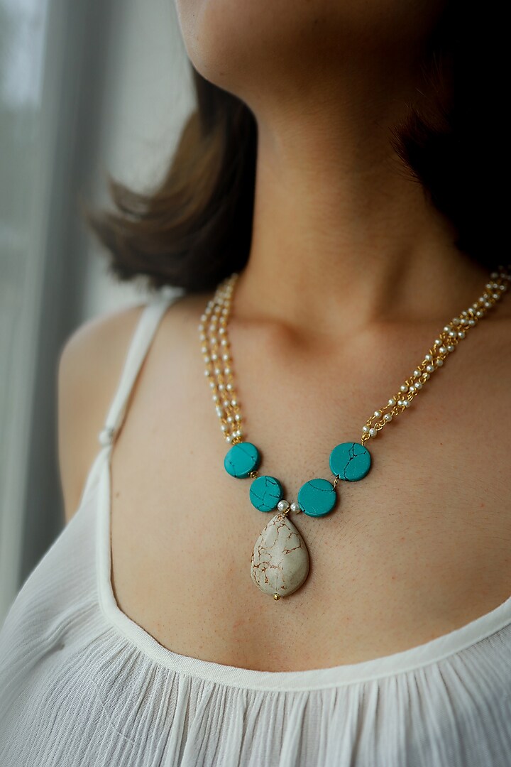 Gold Plated Turquoise Natural Stone & Pearl Necklace by Do Taara