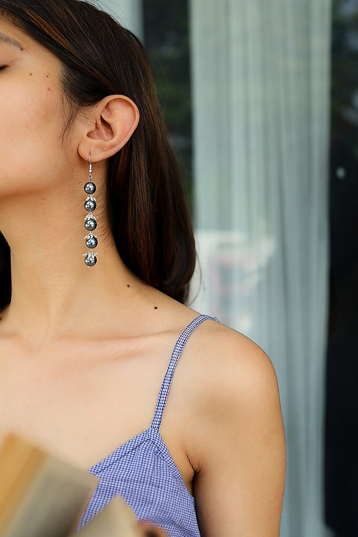 Rhodium Finish Grey Pearl Dangler Earrings by Do Taara