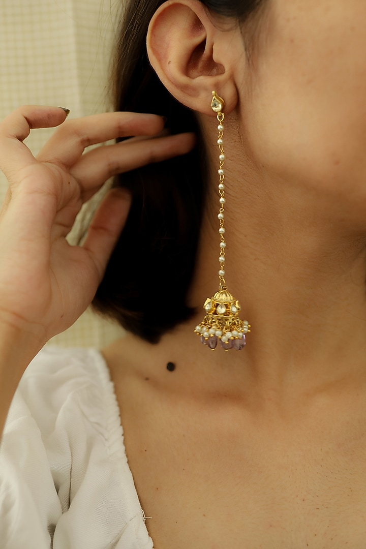 Gold Plated Amethyst Stone & Pearl Jhumka Earrings by Do Taara at Pernia's Pop Up Shop