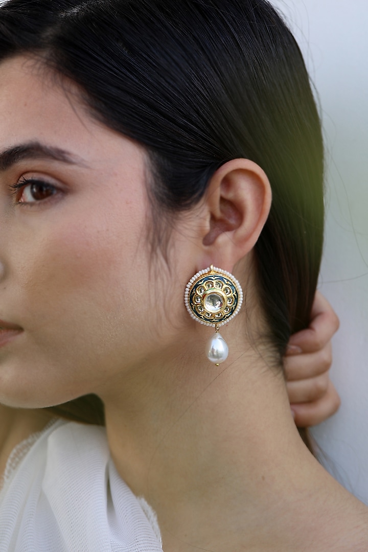 Gold Finish Kundan Polki & Pearl Dangler Earrings by Do Taara at Pernia's Pop Up Shop