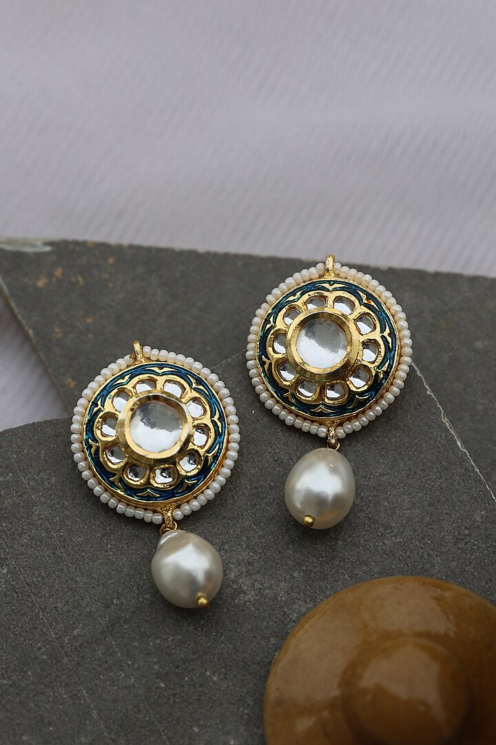 Gold Finish Kundan Polki & Pearl Dangler Earrings by Do Taara at Pernia's Pop Up Shop